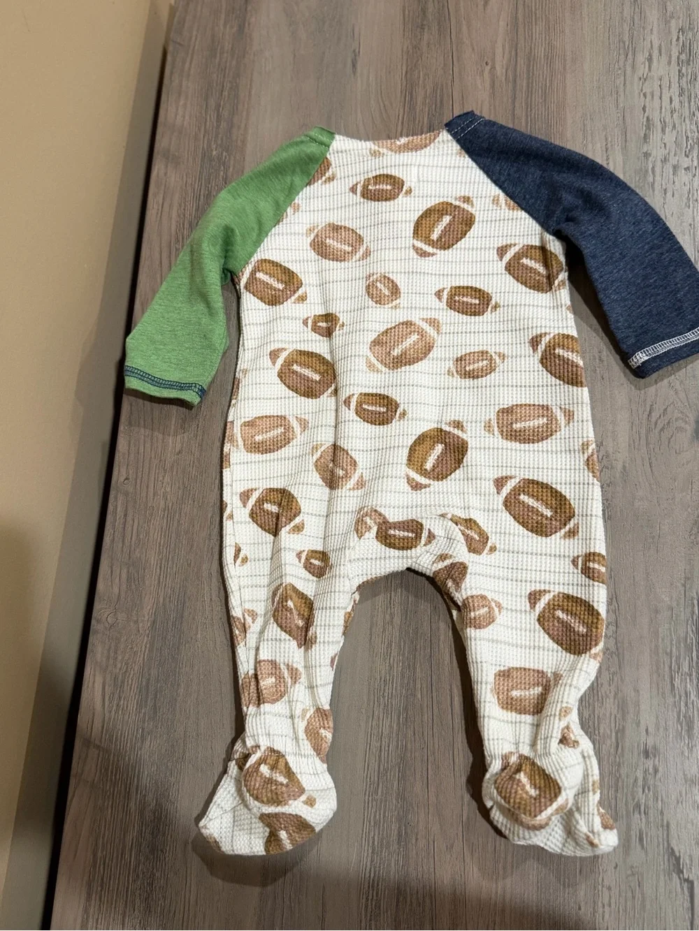 Mud Pie Football Print Waffle One-Piece Footie - Green & Blue Sleeves